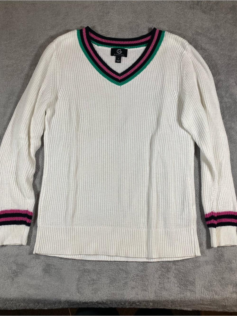 G by Giuliana Cream V-Neck Sweater with Pink & Green Stripe Trim